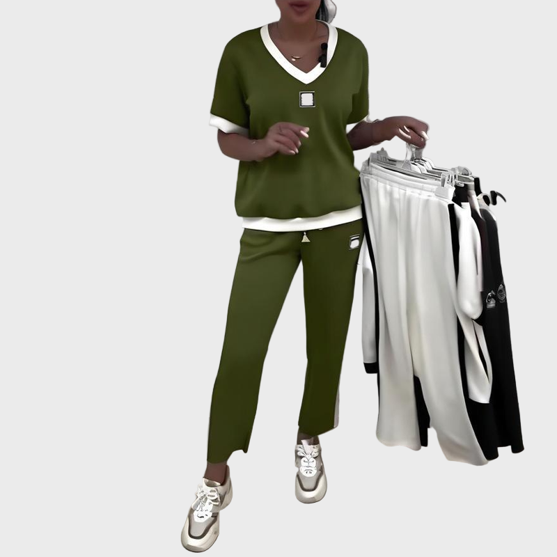 Kristýna - Women's Casual Set with Top and V-Neck Trousers