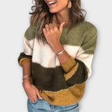 Elisa - Olive-coloured cosy jumper with colour-block