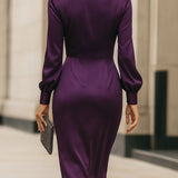 Clara | Deep Plum Satin Draped Midi Dress