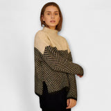 Agathe - Brown Roll Neck Jumper with Chevron Pattern