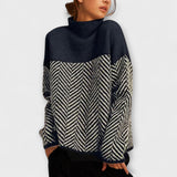 Agathe - Brown Roll Neck Jumper with Chevron Pattern