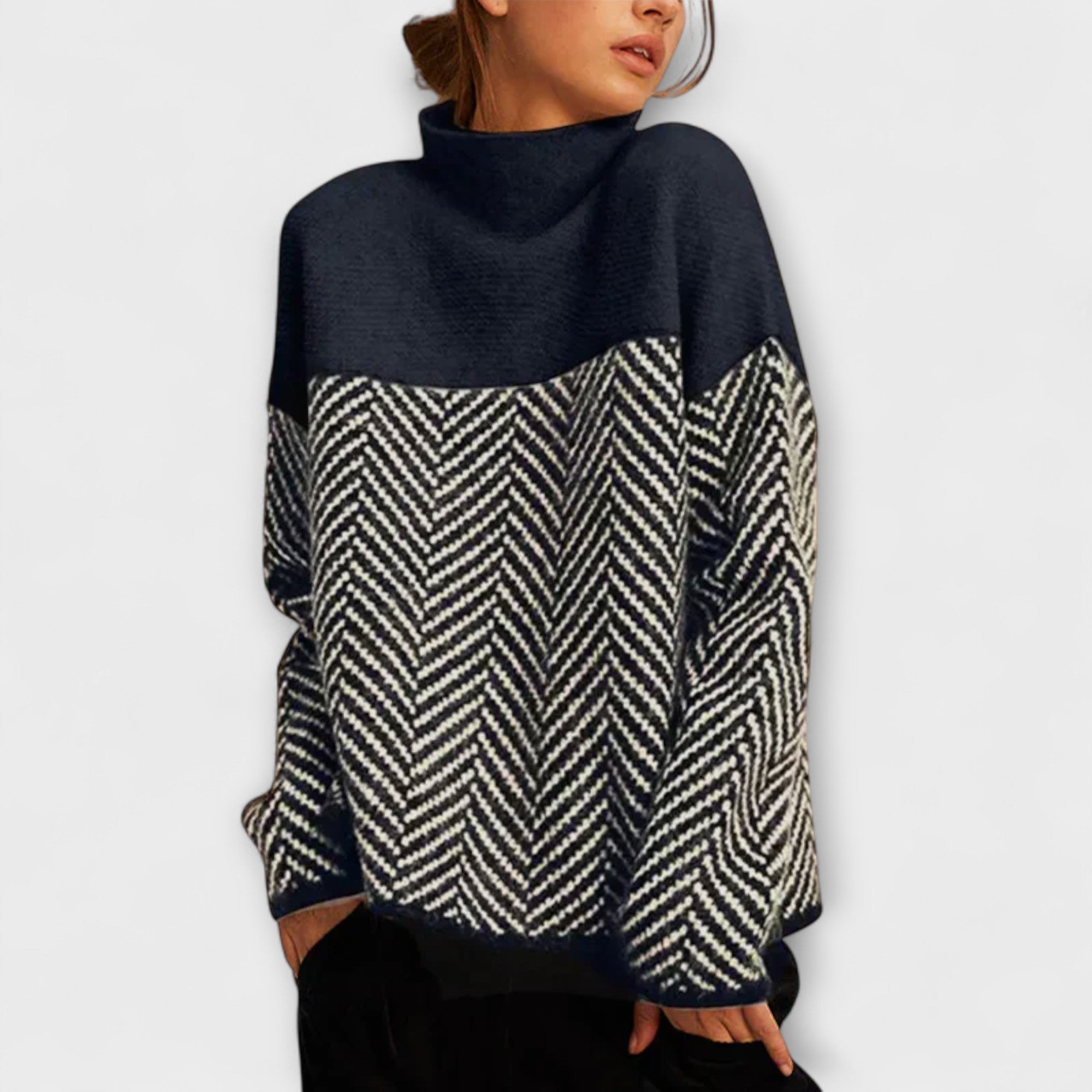 Agathe - Brown Roll Neck Jumper with Chevron Pattern