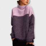Agathe - Brown Roll Neck Jumper with Chevron Pattern