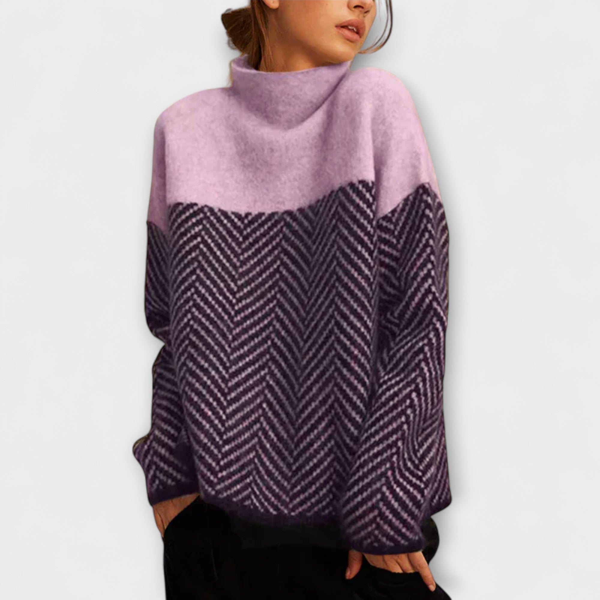 Agathe - Brown Roll Neck Jumper with Chevron Pattern