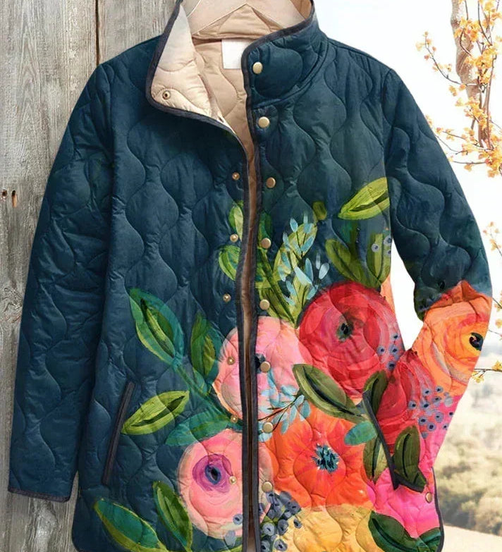 Florie – Quilted Jacket with Floral Print and Plush Collar