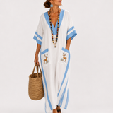 Alba White Caftan with Blue Stripes