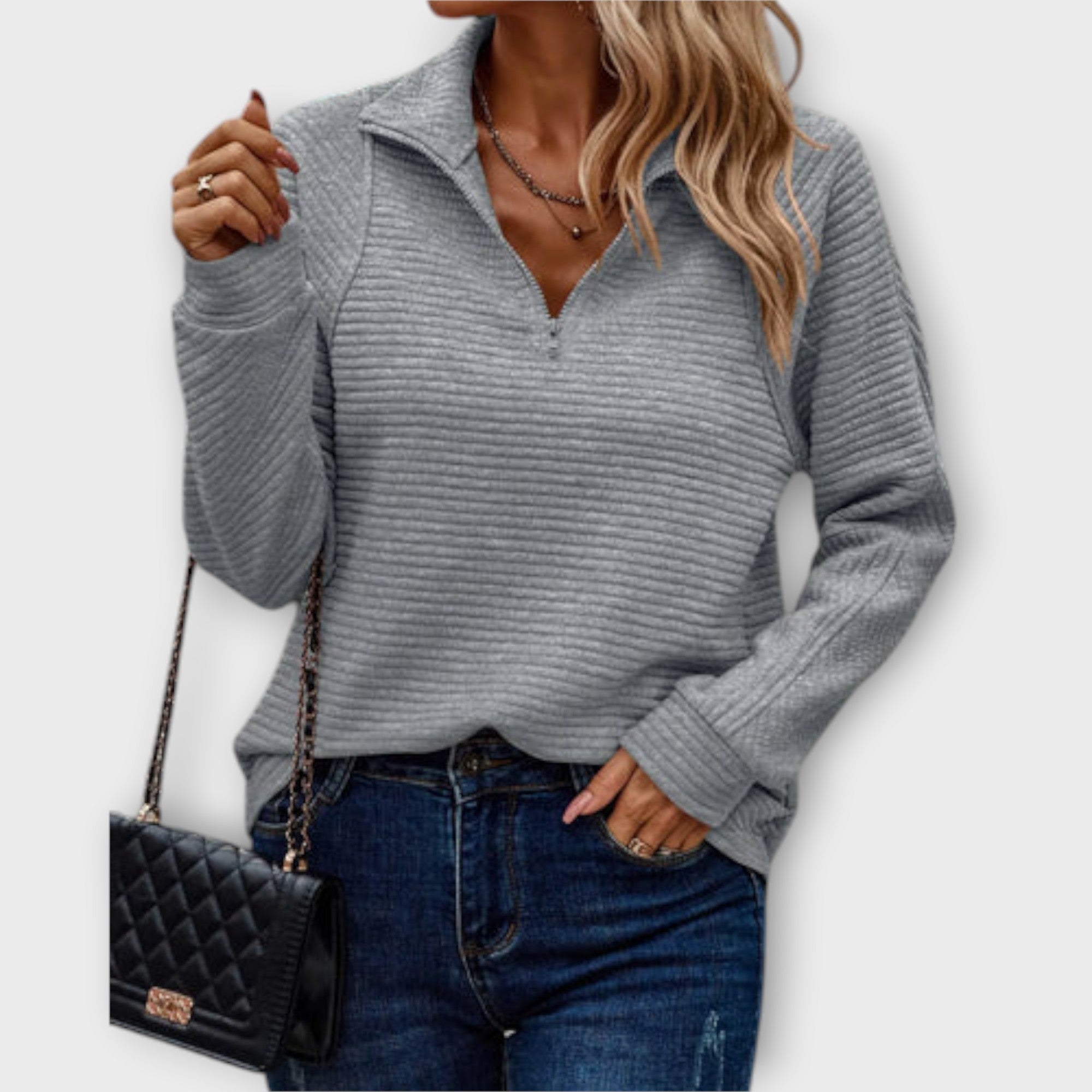 Vilja - Half-zip jumper in pink with ribbed pattern