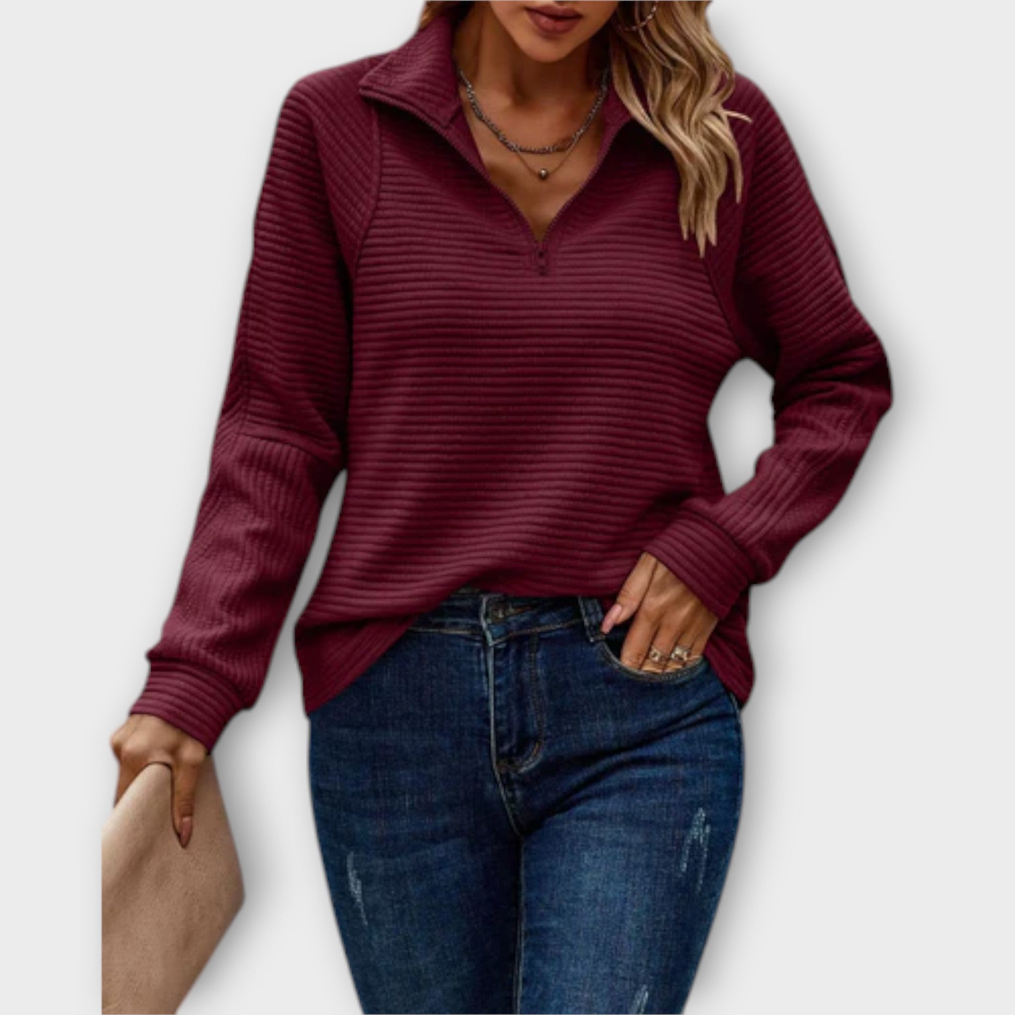 Vilja - Half-zip jumper in pink with ribbed pattern