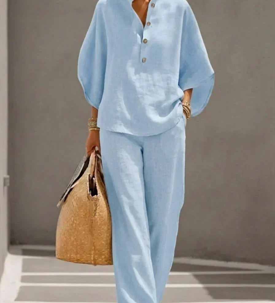 Maribel™ | Linen Batwing Sleeve Set with Wide Leg Trousers