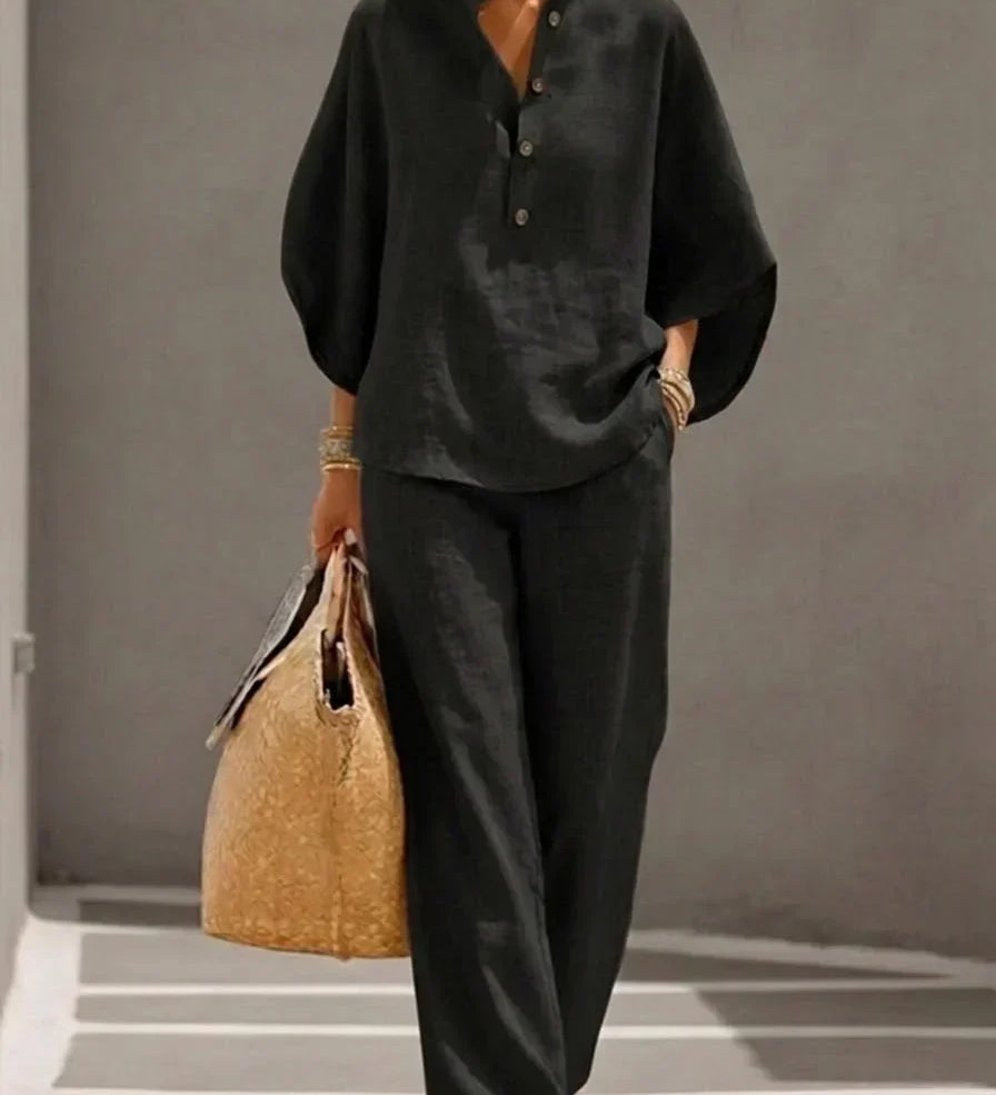 Maribel™ | Linen Batwing Sleeve Set with Wide Leg Trousers